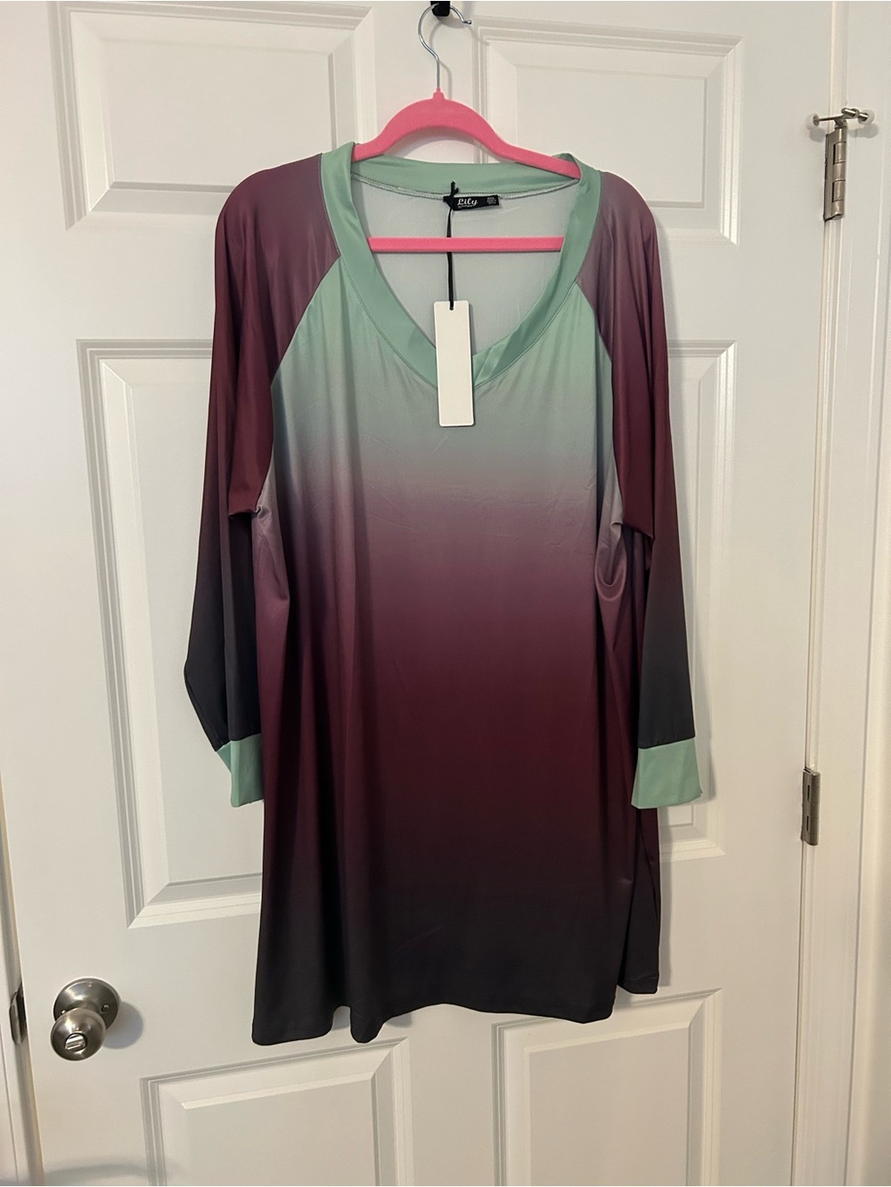 Relaxed V-Neck Ombre Long-Sleeve Dress in Mint and Plum. NWT